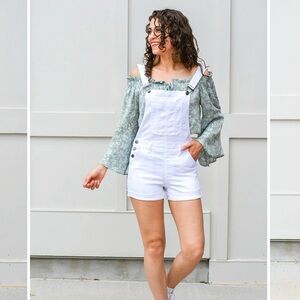 KanCan White Women's Denim Overall Shorts with No Back and Adjustable Straps